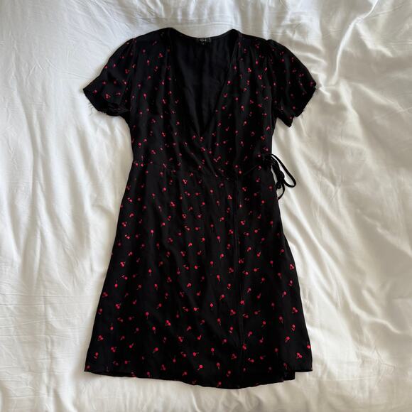 Rails Cherry Print Mini Wrap Dress Black Size S - Picture 2 of 8